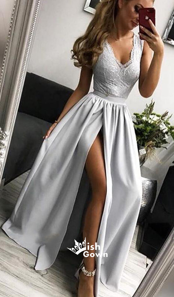 Silver A Line Side Slit Formal Long Prom Dresses, MD1120