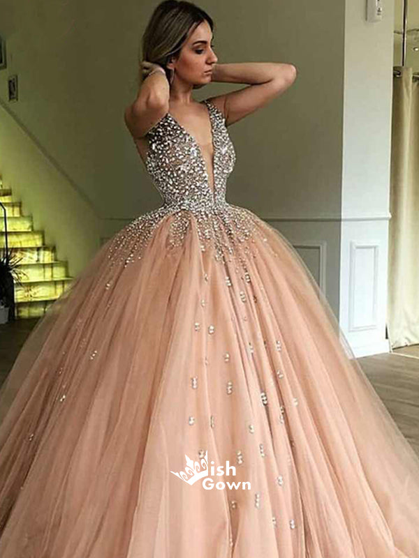 Beaded Top Tulle Elegant V Neck Long Prom Ball Gown Dresses, MD1123