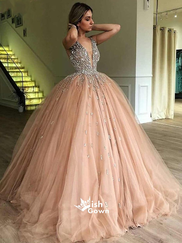 Beaded Top Tulle Elegant V Neck Long Prom Ball Gown Dresses, MD1123 Wish Gown Beaded Top Tulle Elegant V Neck Long Prom Ball Gown Dresses, MD1123 Wish Gown