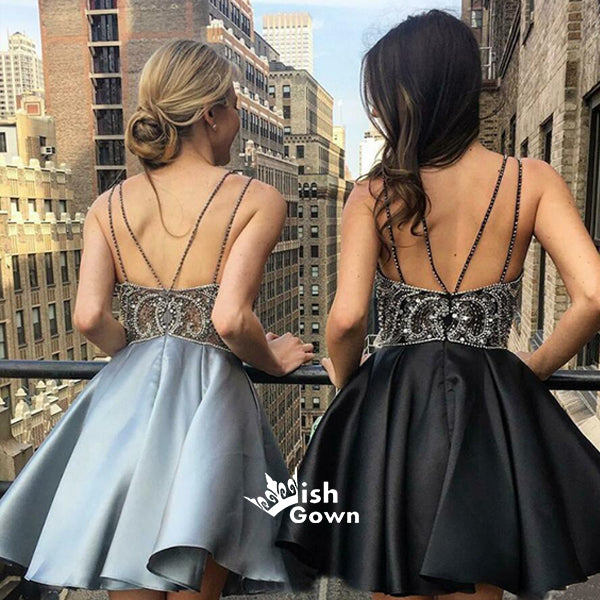 Beaded Crystal Spaghetti Straps Silver Backless Mini Cocktail Homecomi Wish Gown Beaded Crystal Spaghetti Straps Silver Backless Mini Cocktail Homecomi Wish Gown