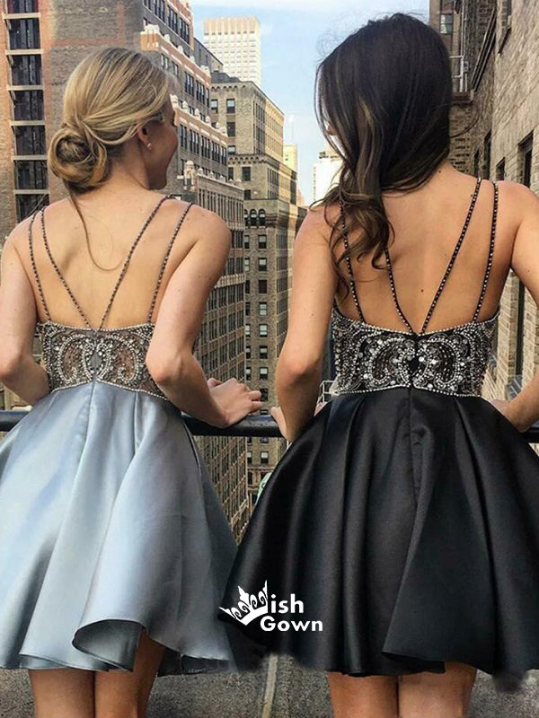 Beaded Crystal Spaghetti Straps Silver Backless Mini Cocktail Homecomi Wish Gown Beaded Crystal Spaghetti Straps Silver Backless Mini Cocktail Homecomi Wish Gown