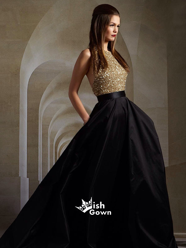 Long Black Gold Halter Sparkle Inexpensive Evening Party Prom Dresses, PD0023