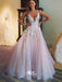 Lace Appliques V-Neck Tulle A-line Backless Long Evening Party Prom Dress, PD0055
