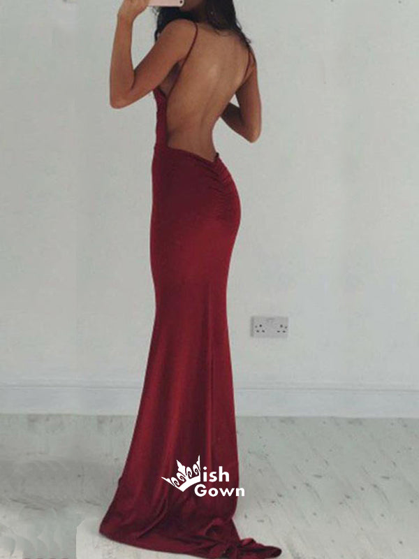 Backless Spaghetti Straps Sexy Burgundy V-neck Mermaid Evening Inexpen Wish Gown Backless Spaghetti Straps Sexy Burgundy V-neck Mermaid Evening Inexpen Wish Gown