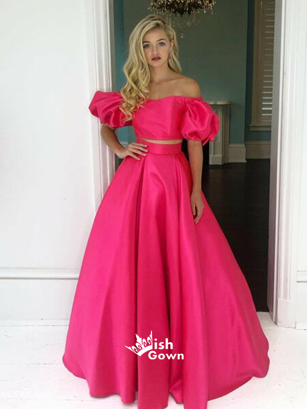Rose Red Puff Sleeve Off Shoulder Two Pieces A-line Long Prom Dress, PD0188