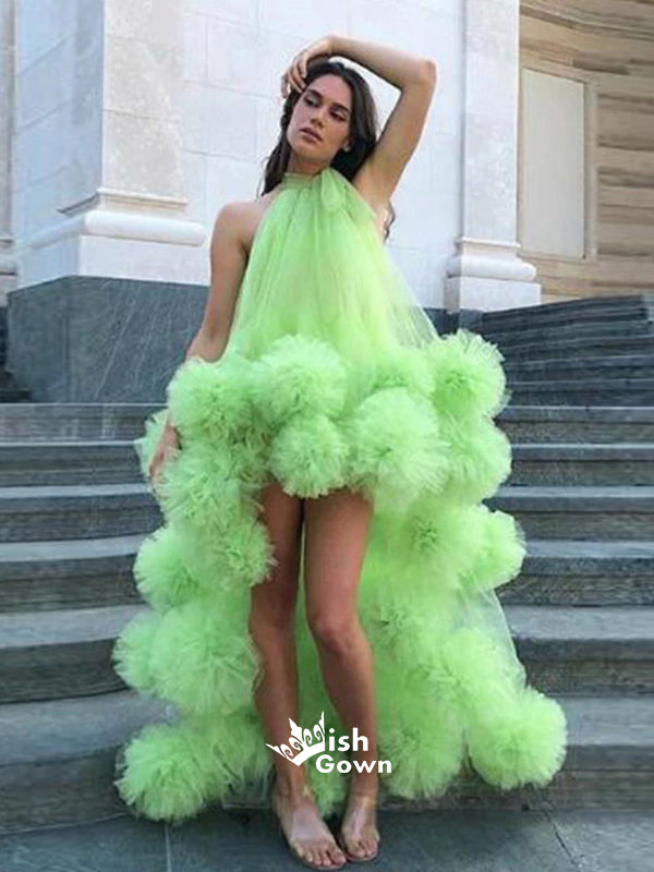 Halter Green Tulle High Low Long Prom Dresses PG1105