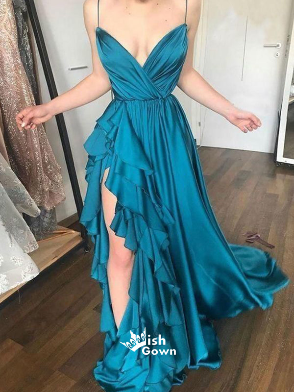 Peacock Blue Ruffle A-line Spaghetti Strap Side Split Evening Cocktail Wish Gown Peacock Blue Ruffle A-line Spaghetti Strap Side Split Evening Cocktail Wish Gown