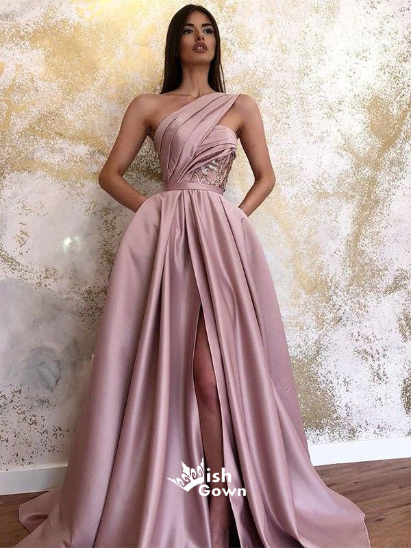 Elegant Dusty Pink One Shoulder A-line Side Split Long Prom Dresses, P Wish Gown Elegant Dusty Pink One Shoulder A-line Side Split Long Prom Dresses, P Wish Gown
