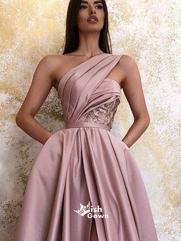 Elegant Dusty Pink One Shoulder A-line Side Split Long Prom Dresses, P Wish Gown Elegant Dusty Pink One Shoulder A-line Side Split Long Prom Dresses, P Wish Gown