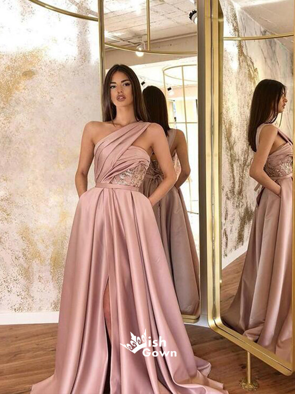 Elegant Dusty Pink One Shoulder A-line Side Split Long Prom Dresses, P Wish Gown Elegant Dusty Pink One Shoulder A-line Side Split Long Prom Dresses, P Wish Gown