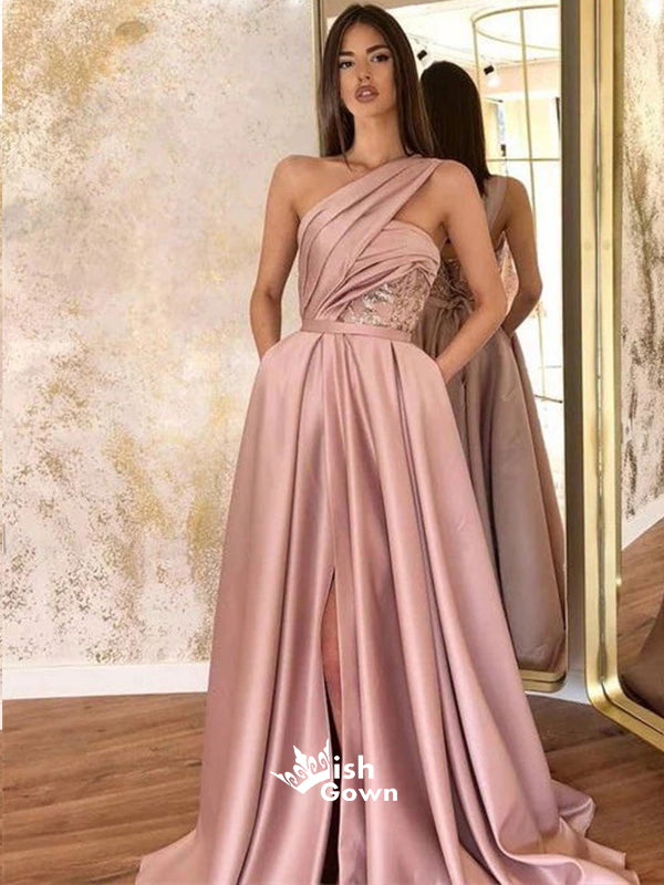 Elegant Dusty Pink One Shoulder A-line Side Split Long Prom Dresses, P Wish Gown Elegant Dusty Pink One Shoulder A-line Side Split Long Prom Dresses, P Wish Gown