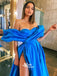 Off Shoulder High Split Robe De Soiree Blue Long A-line Prom Dresses, PG1170
