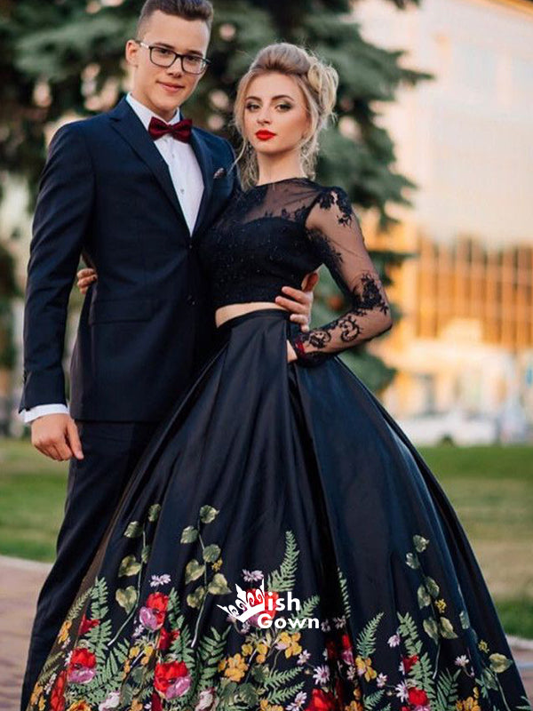 Two Pieces Black Lace Long Sleeves Open Back A-line Prom Dresses with Wish Gown Two Pieces Black Lace Long Sleeves Open Back A-line Prom Dresses with Wish Gown