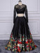 Two Pieces Black Lace Long Sleeves Open Back A-line Prom Dresses with Flowers, SG101