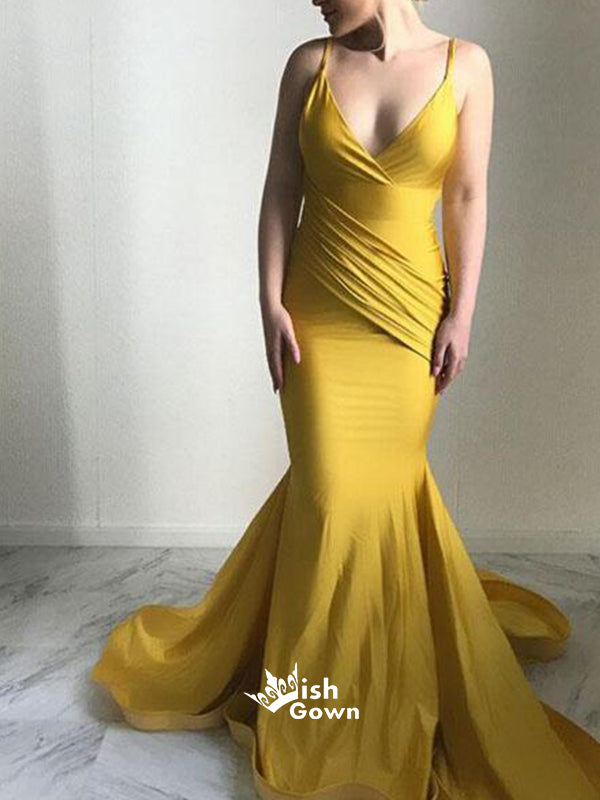 Yellow Spaghetti Strap Elegant Mermaid Cheap Long Prom Bridesmaid Dresses, SG118