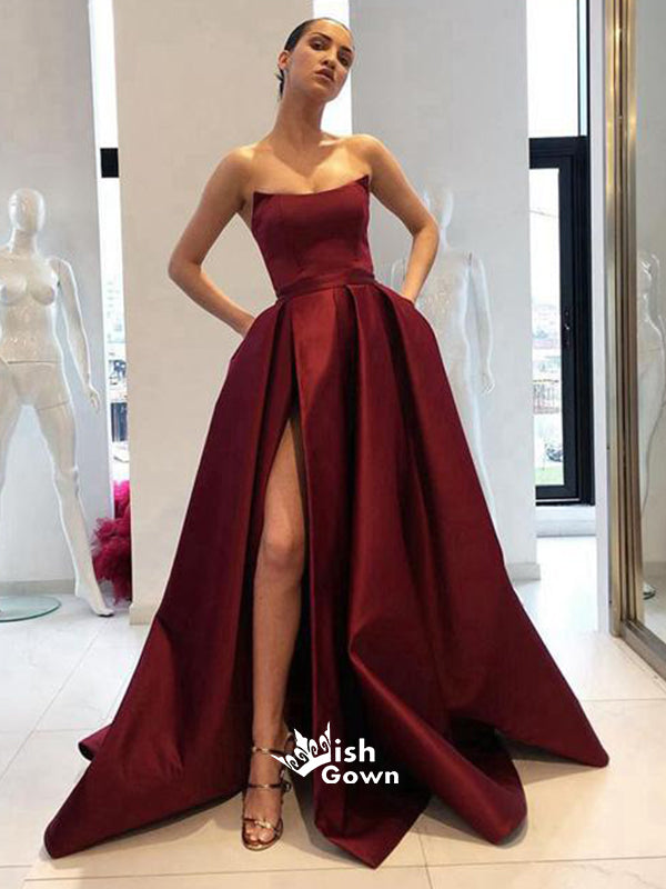 Burgundy Side Slit Simple Satin Elegant Long Prom Dress, SG133 – Wish Gown