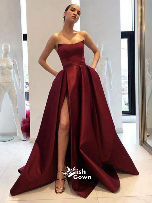 Burgundy Side Slit Simple Satin Elegant Long Prom Dress, SG133 Wish Gown Burgundy Side Slit Simple Satin Elegant Long Prom Dress, SG133 Wish Gown