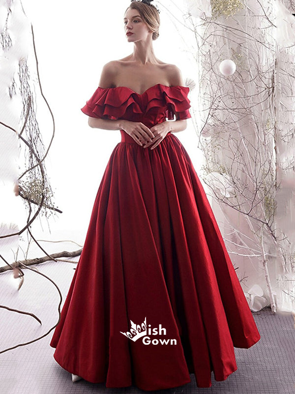 Dark Red Ruffled Off Shoulder A-line Satin Evening Dress Prom Gown, WGP083