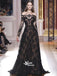 Romantic Long Sleeves Off the Shoulder Lace A Line Black Prom Dresses, SG144