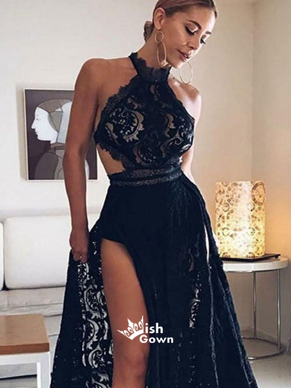 Sexy Black High Slit Lace Halter Evening Party Prom Dresses, SG147