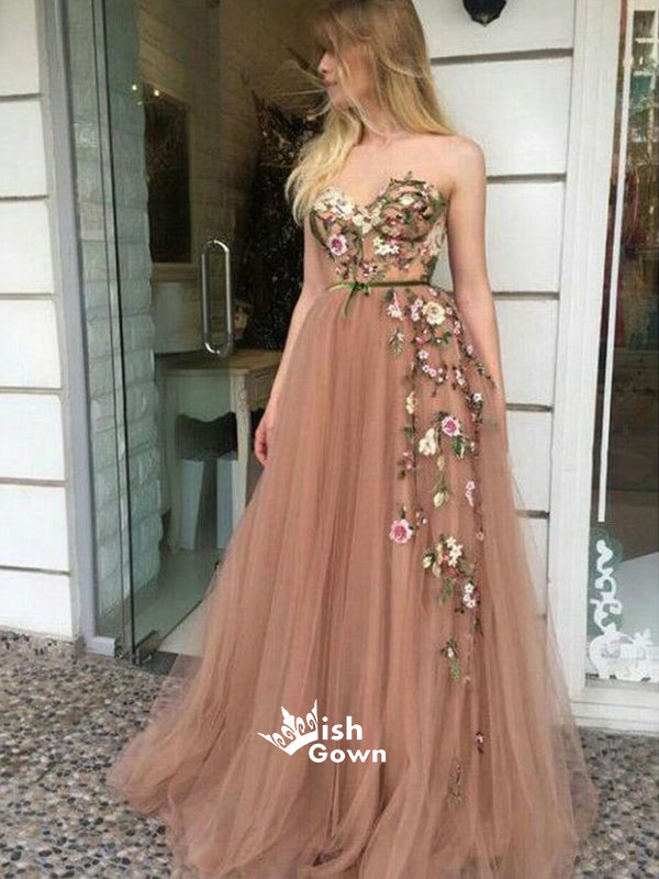 Tulle Applique Strapless A Line Sweetheart Formal Long Prom Dresses, SG151