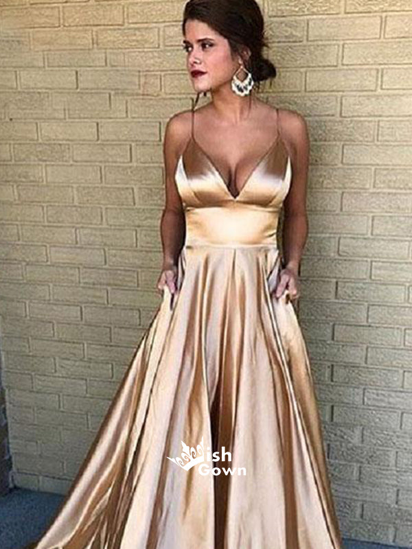Champagne Gold Spaghetti Strap A Line Simple Cheap Long Prom Dresses, Wish Gown Champagne Gold Spaghetti Strap A Line Simple Cheap Long Prom Dresses, Wish Gown