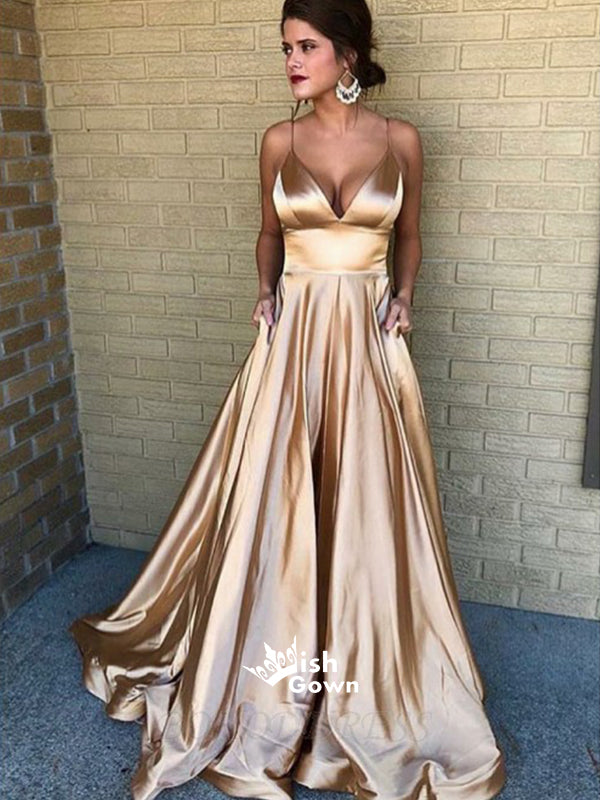 Champagne Gold Spaghetti Strap A Line Simple Cheap Long Prom Dresses, Wish Gown Champagne Gold Spaghetti Strap A Line Simple Cheap Long Prom Dresses, Wish Gown