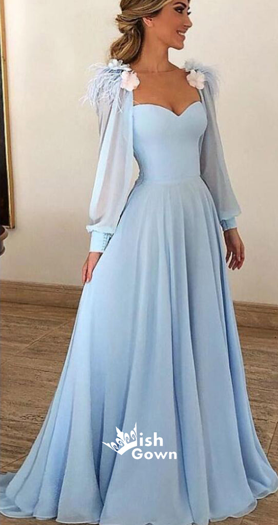 Blue Long Sleeves Sweetheart A Line Long Prom Dresses, SG163