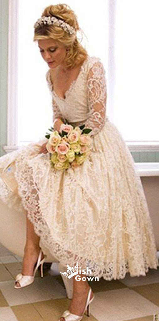 Vantage V-Neck Long Sleeve Tea Length White Lace Princess Wedding Party Dresses, WD0031