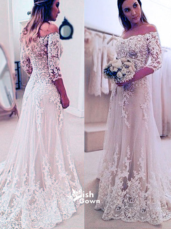 Stunning Off Shoulder Half Sleeve Long A-line Wedding Party Dresses, WD0059