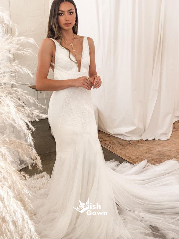 Charming White V-neck Mermaid Tulle Wedding Dress WDH070