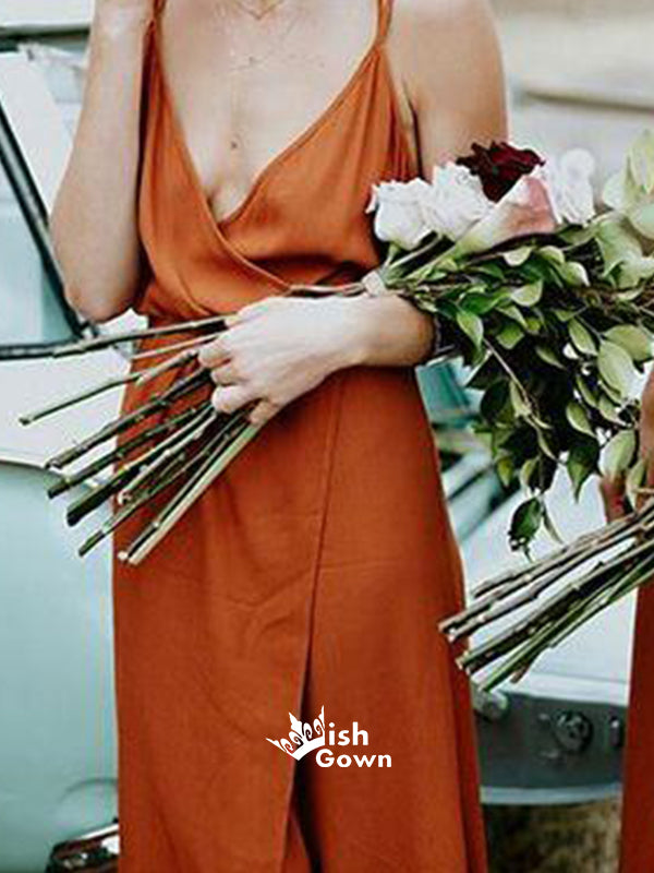 Pretty Side Slit Burnt Orange Simple Spaghetti Strap Long Beach Weddin Wish Gown Pretty Side Slit Burnt Orange Simple Spaghetti Strap Long Beach Weddin Wish Gown