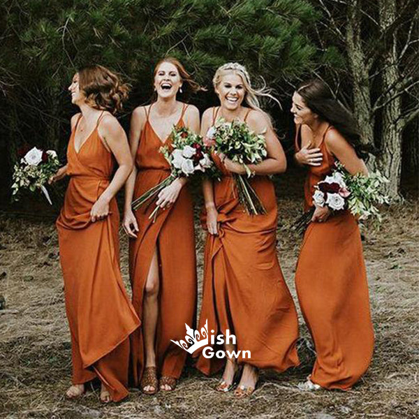 Pretty Side Slit Burnt Orange Simple Spaghetti Strap Long Beach Weddin – Wish Gown