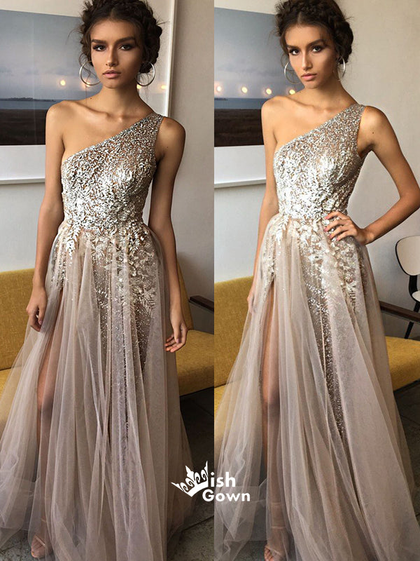 One Shoulder Shinning Side Split Elegant Long Prom Dresses, WG1039
