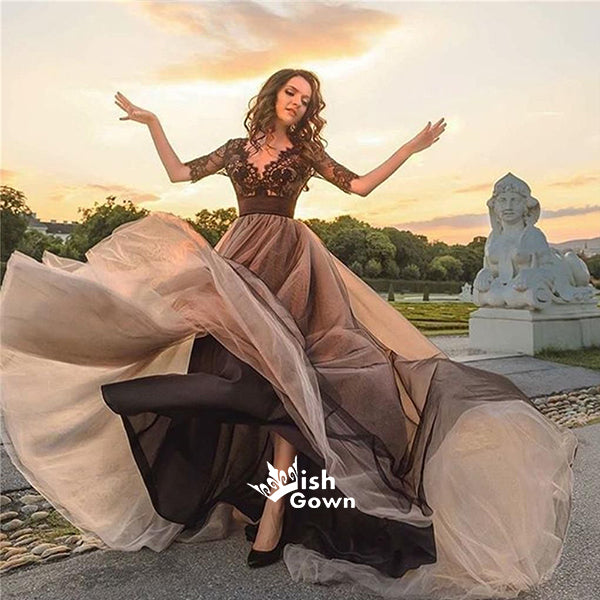 Elegant Half Sleeves A-line Tulle Black Lace Top Online Long Prom Dres Wish Gown Elegant Half Sleeves A-line Tulle Black Lace Top Online Long Prom Dres Wish Gown