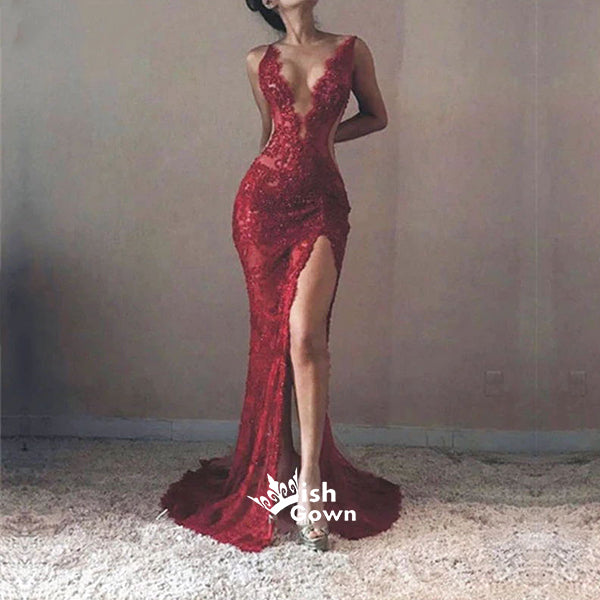 Sexy Mermaid Lace Open Back V Neck Side Split Long Prom Dresses, WG110 Wish Gown Sexy Mermaid Lace Open Back V Neck Side Split Long Prom Dresses, WG110 Wish Gown