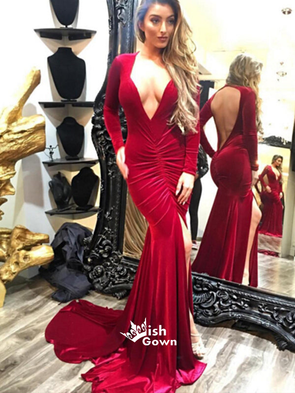 Dark Red Deep V-neck Pleats Long Sleeves Mermaid Side Split Evening Long Prom Dresses With Trailing, WG1113