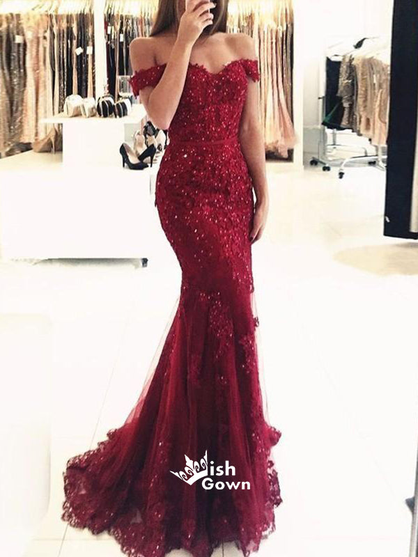 Charming Burgundy Off Shoulder Appliques Beads Mermaid Tulle Evening Cheap Long Prom Dresses, WG1120