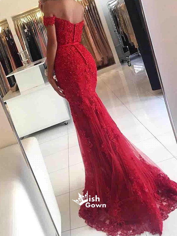 Charming Burgundy Off Shoulder Appliques Beads Mermaid Tulle Evening Cheap Long Prom Dresses, WG1120