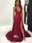 Charming Burgundy Lace Halter Open Back Side Split Sexy Long Prom Dress, WG1125