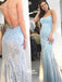 Blue Open Back Applique Mermaid Sexy Cheap Long Prom Dress, WG1134