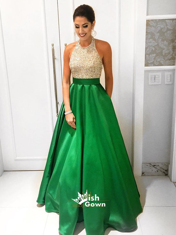 Grass Green Beaded Halter Top Elegant Floor Length A-Line Long Prom Dress, WG224