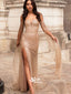 Champagne Gold Sweetheart Sequins Tulle Strapless Side Split Evening Long Prom Dresses, WGP086