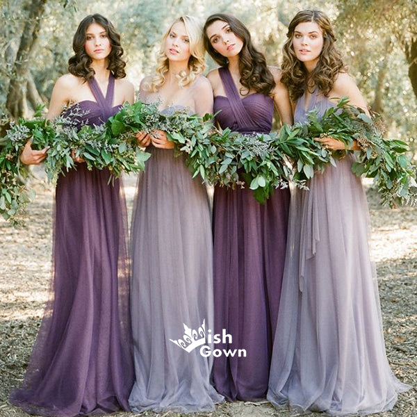 Purple Tulle Convertiable Mismatched Long Wedding Party Dresses Cheap Wish Gown Purple Tulle Convertiable Mismatched Long Wedding Party Dresses Cheap Wish Gown
