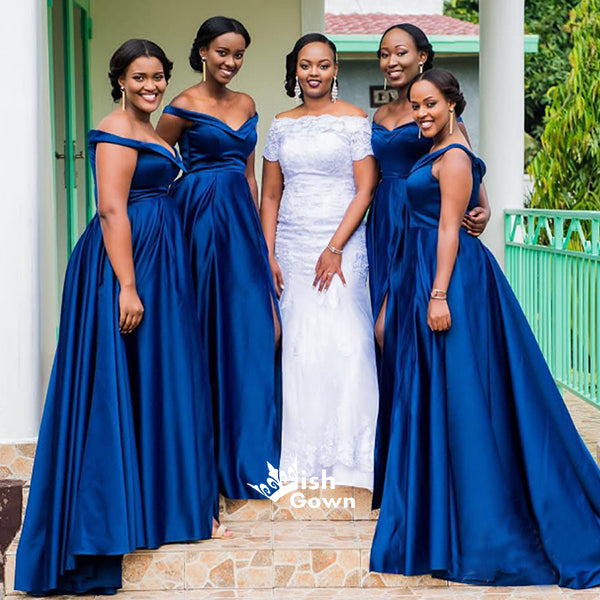Elegant Royal Blue Off Shoulder Satin A-line Long Bridesmaid Wedding Party Dresses, WG413