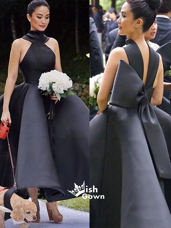 Unique New Arrival Black Ankle Length Wedding Party Bridesmaid Dresses with Bow, WG445