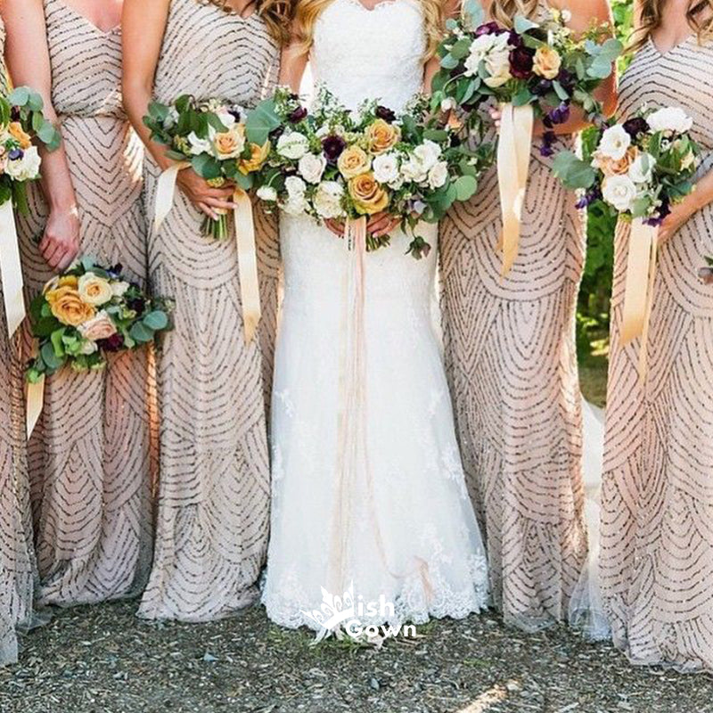 Most Popular Sequin Elegant Spaghetti Strap Long Wedding Bridesmaid Dresses, WG480
