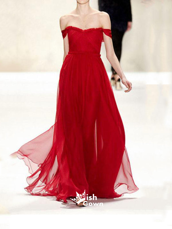 Red Off Shoulder Chiffon Formal A Line Cheap Simple Long Prom Dress, WG521