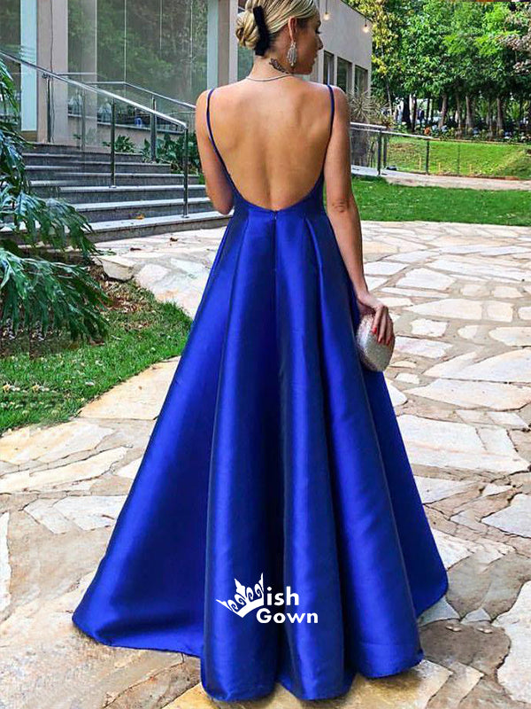 Elegant Spaghetti Straps Royal Blue Satin Prom Dress, WG555