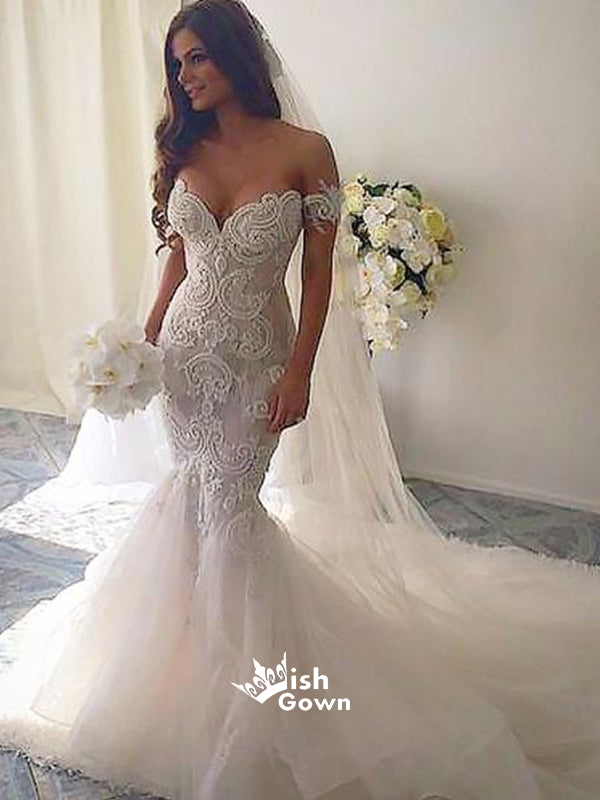 Customizable Off Shoulder Lace Applique Line A Wedding Dress With Backless  Design And Sweep Train Elegant And Modern Bridal Gown From Newdeve, $145.99  | DHgate.Com